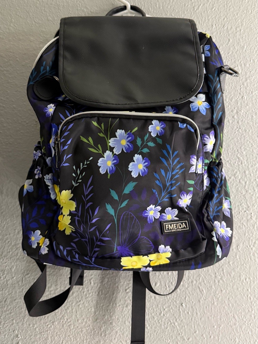 Floral Black Backpack with Blue & Yellow Flowers